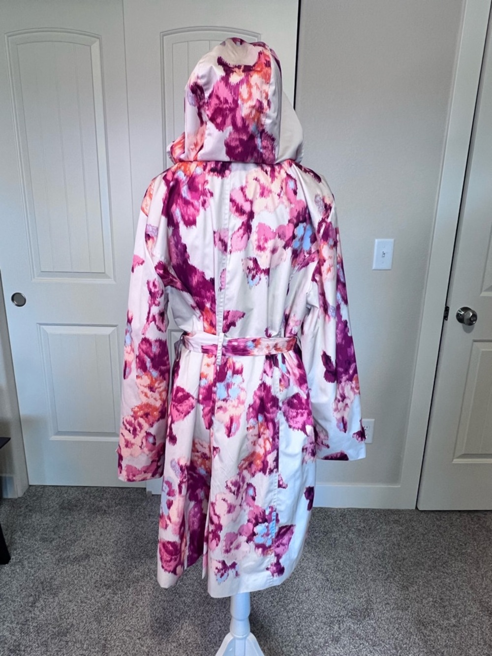 Chico's Ikat Floral Belted Removable Hood Rain Trench Coat Sz 3   16/18 - Picture 8 of 13